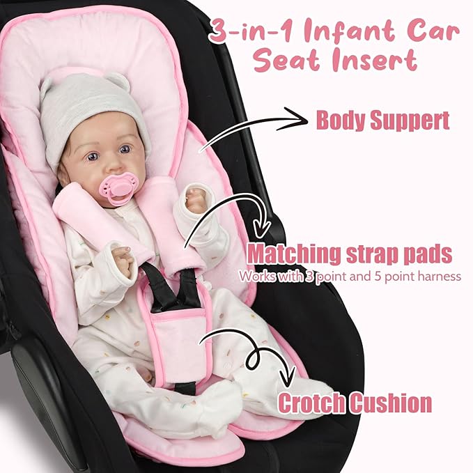 2 in 1 Infant Car Seat Insert Head and Body Support Set, Reversible Newborn Insert for Carseat with 3 Extra Strap Paddings, Soft Stroller Cushion Pillow Insert Girls, Fits for Stroller, Swing, Pink