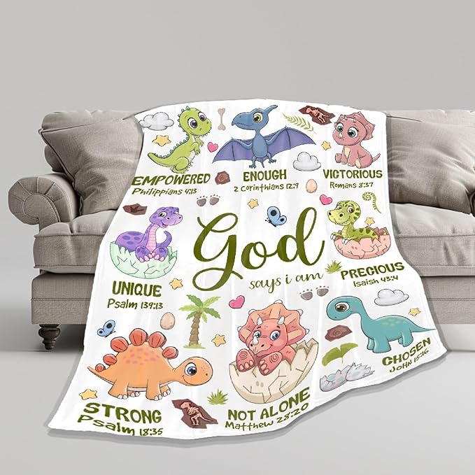 Bible Verse Blanket, Christian Gifts, God Says I am Print Dinosaur Blankets, Meaningful Thoughtful Religious Baptism Gift for Son,Dinosaur Lovers Room Bed Decoration, 50"x60"