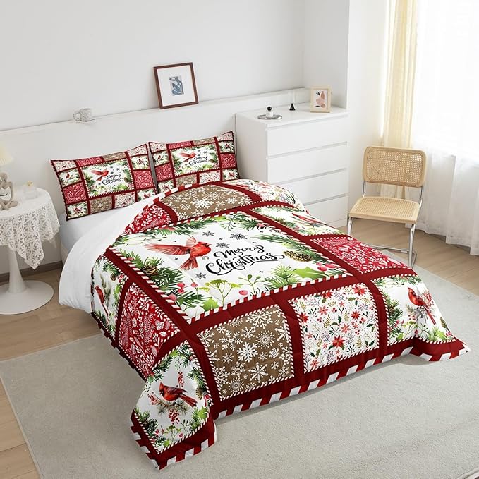 Castle Fairy Merry Christmas Comforter Set King Size,Xmas Patchwork Watercolor Cardinal Bird Bedding Set All Season Quilt Set,Floral Leaves Snowflakes Plaid Microfiber Polyester Down Comforter