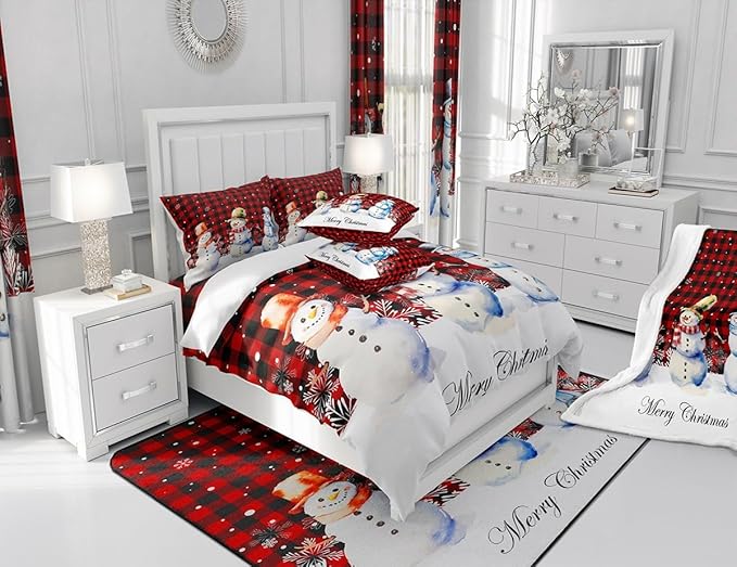 Xmas Snowman Duvet Cover Set Queen Size, Christmas Bedding Set 3pcs for Kids Boys Girls Bedroom Decor, Red Black Plaid Print Comforter Cover with 2 Pillowcases,Snowflake Print Quilt Cover,No Comforter