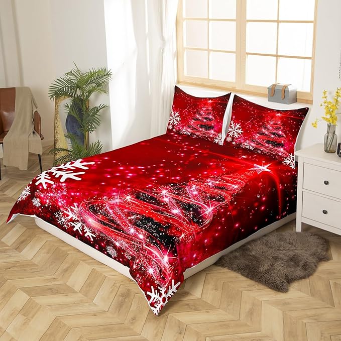 Manfei Red Xmas Tree Duvet Cover Set King Size, White Snowflake Print Bedding Set 3pcs for Kids Boys Girls Bedroom Decor, Christmas Theme Comforter Cover with 2 Pillowcases,No Comforter