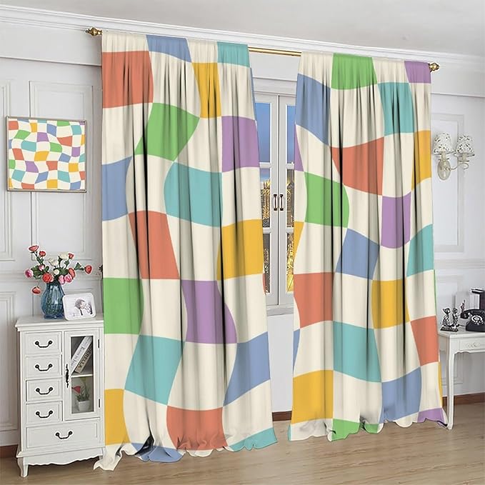 Checkered Curtains,70s Vintage Twisted Checkered Window Drapes Colorful Groovy Trendy Wavy Hippie Grid Print Window Treatments for Kids Girls Bedroom Living Room Bathroom 55" W X 63" L