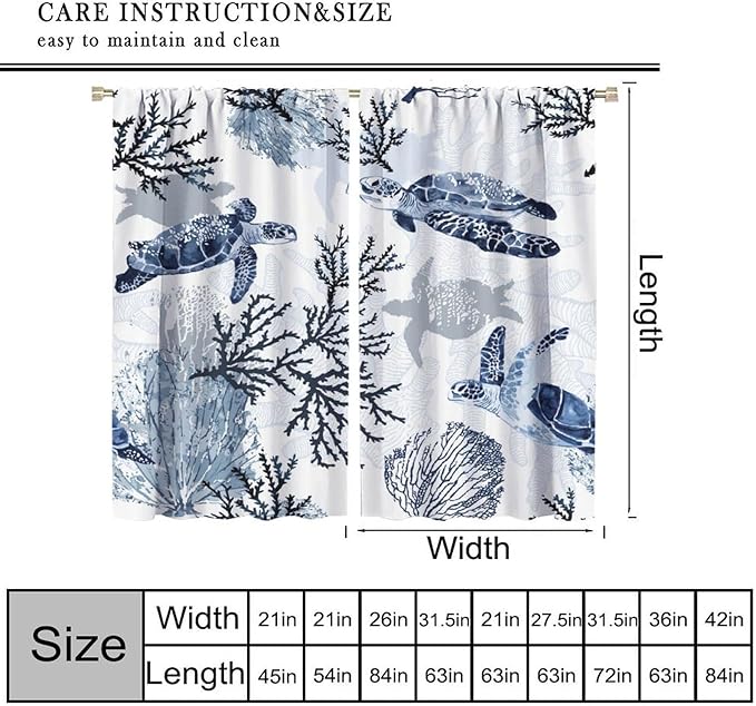 Coastal Nautical Curtains, Turtle Beach Sea Seashell Theme Pattern Blackout Print Home Bedroom Living Room Window Treatmen 2 Panel Set 52x84 Inch