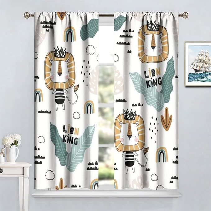 Cartoon Little Lion King Window Curtains for Baby Child,Cute Funny Forest Animals,Tropical Jungle Leaves Wildlife Boho Rainbow Print Blackout Drapes for Nursery Boys Girls Kids Bedroom 63x63in
