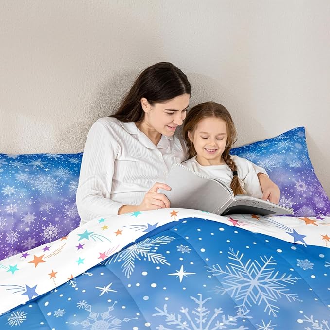 Feelyou Christmas Bedding Set Soft for Boys Girls, Winter Snowflake Comforter Set Toddler Size Purple Blue Gradient Duvet Quilt Microfiber Bedroom Decor 2 Pcs with 1 Pillow Cases