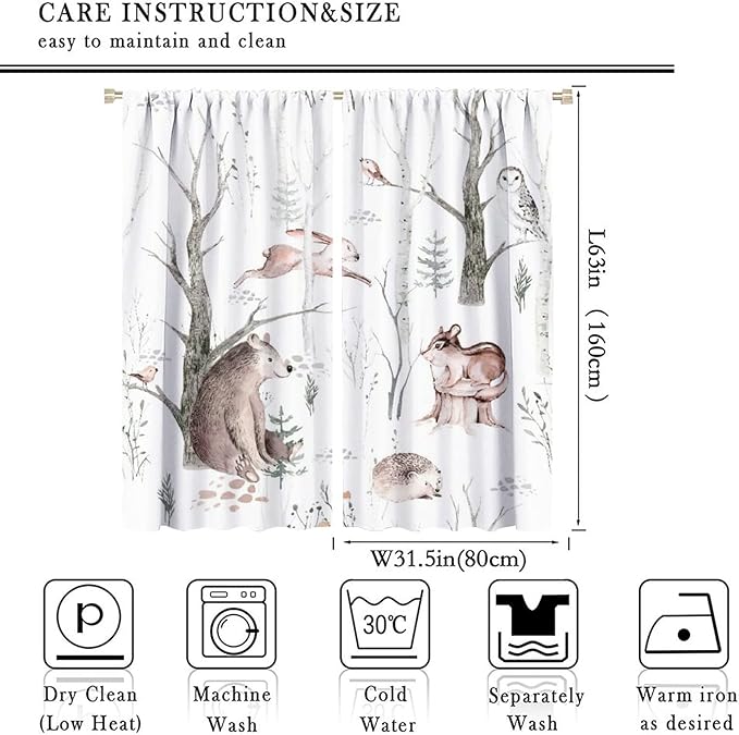 Watercolor Woodland Animal Curtains, Wildlife Bear Farmhouse Lodge Cabin Squirrel Owl Hedgehog Fox Blackout Rod Pocket Windows Door Curtain for Bedroom Living Room Home Decor 63x63in