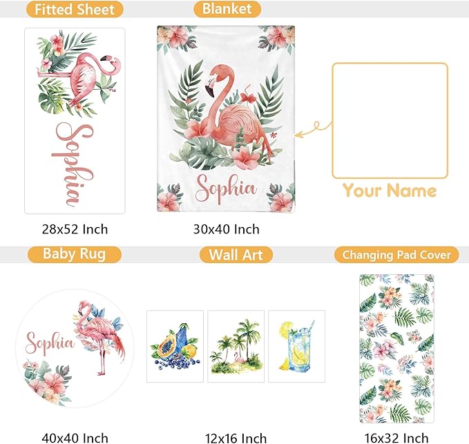 Personalized Baby Crib Bedding Set, 5 Pcs Custom Name Nursery Bedding Set, Flamingo Baby Bedding Set for Girls Boys, Double Layer Flannel Baby Crib Set, Toddlers Kids Infants Customized Gifts