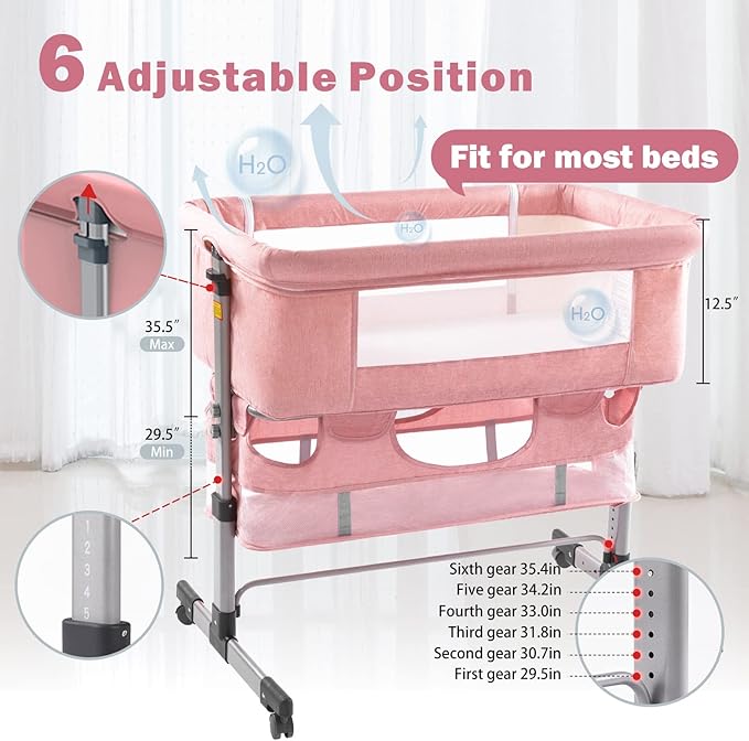 Ihoming Baby Bassinet Bedside Sleeper, Baby Bed Side Crib with Storage Basket, Easy Folding Bassinets, Adjustable Baby Bed for Infant Newborn, Pink