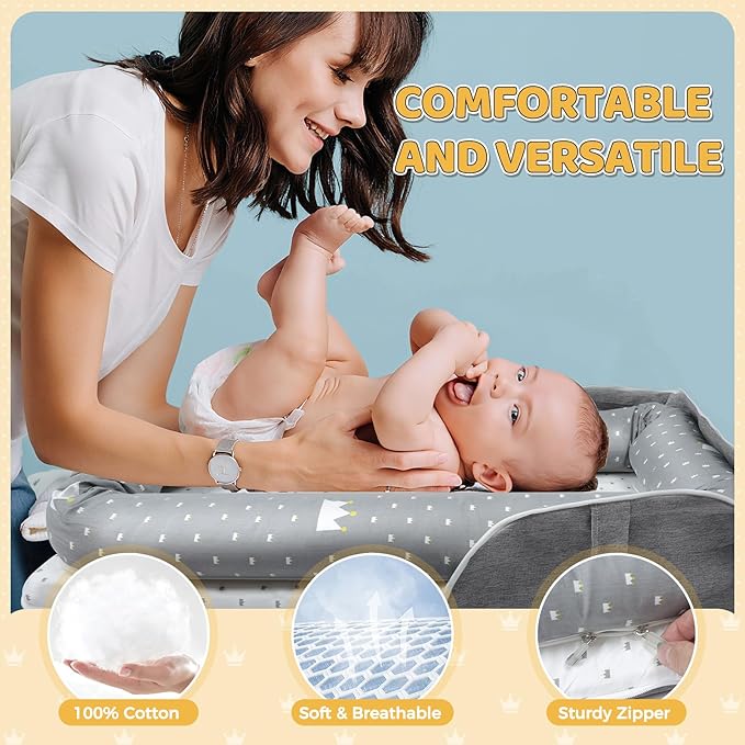 Baby Lounger for Newborn 0-24 Months, Snuggle Cozy Me Portable Infant Lounger with Soft Breathable Cotton, Adjustable Size Lengthen Space Lightweight & Washable Essentials for Home Travel (1. Crown)