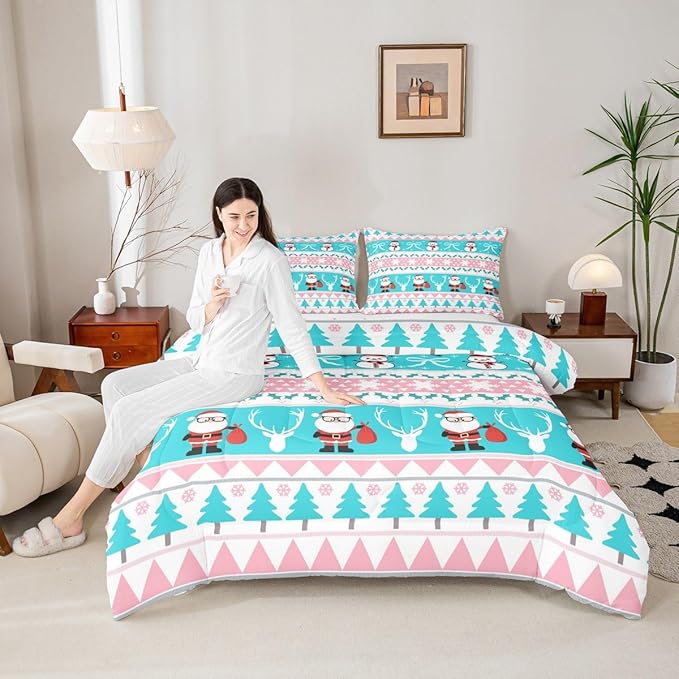Feelyou Merry Christmas Tree Bedding Set Soft for Boys Girls, Cute Snowman Comforter Set Toddler Size Santa Claus Duvet Quilt Microfiber Cartoon Bowknot Bedroom Decor 2 Pcs with 1 Pillow Cases
