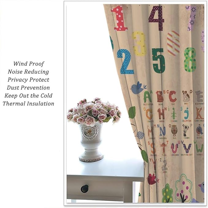 Animal Alphabet Numbers Tree Curtain Learning ABC Letters Birds Numbers Home Printed Rod Pocket Window Treatments for Bedroom Living Room Playroom Nursery 55" W X 63" L
