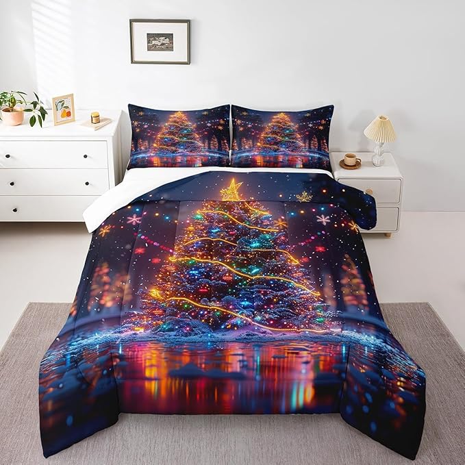 3D Christmas Tree Comforter Set King Size,Snowflake Glitter Polka Dot Duvet Insert for Kids Boys Girls Room Decor,Merry Christmas Bedding Set 3Pcs,Xmas Neon Style Fashion Quilt Set,2 Pillowcases
