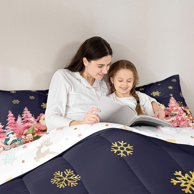 jejeloiu Merry Christmas Comforter Set Queen Size Santa Claus Bedding Set for Kids Boys Girls Cute Deer Duvet Quilt Dark Blue Bedroom Decor