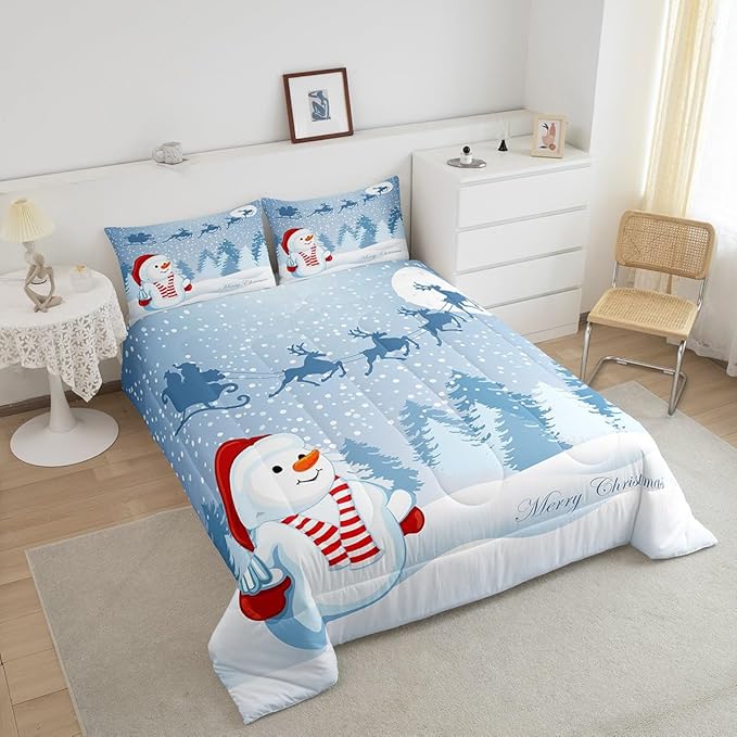 Manfei Snowman Comforter Set Queen Size, Xmas Deer Trees Print Quilt Set with 2 Pillowcases, Winter Snowflake Merry Christmas Bedding Set 3pcs for Kids Boys Girls Bedroom Decor