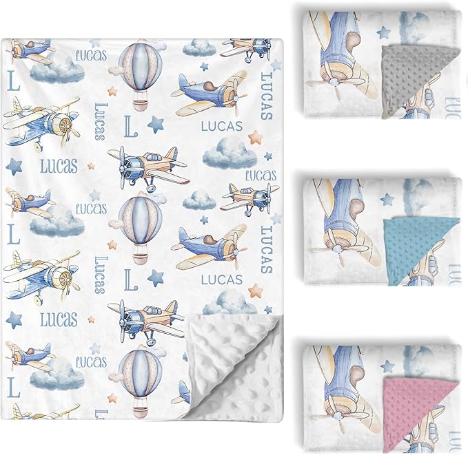 Personalized Baby Crib Bedding Set, 5 Pcs Custom Name Nursery Bedding Set for Girls Boys, Blue Plane Baby Crib Set for Toddlers Infants, Double Layer Bedding Crib Sets Customized Gifts