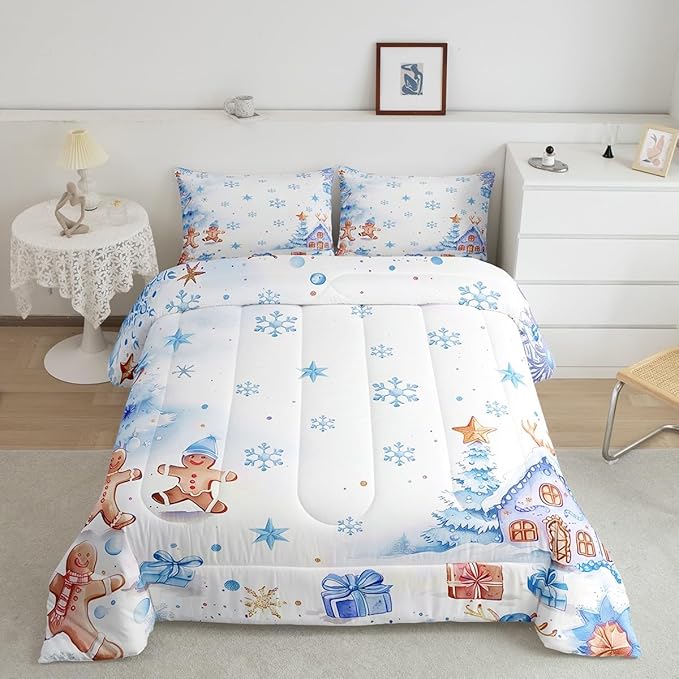 jejeloiu Kids Christmas Theme Comforter Set King Size Blue Xmas Gingerbread Man Bedding Set for Boys Girls Teens Candy House Snowflake Winter Happy New Year Duvet Quilt Room Decor