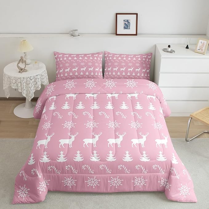 Erosebridal Christmas King Bedding Set 7 Piece,Xmas Elk Deer Bed in A Bag,Candy Snowflake Comforter Set Pine Tree Woodland Animals Sheet Set with Comforter,Pink Christmas Decoration