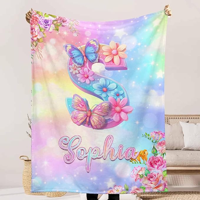 Ship Next Day, Personalized Baby Name Blanket for Girls Boys, Custom Toddler Blankets with Name & Capital Letter Gradient Pattern, Customized Throw Blanket Gifts for Kids Teens on Birthday Christmas