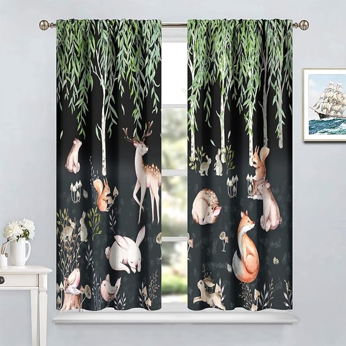 Forest Animal Curtains, Watercolor Cartoon Woodland Plants Animals Bears Moose Mushrooms Printed Curtains for Kids Boys and Girls Bedroom Window Drapes 63x72in