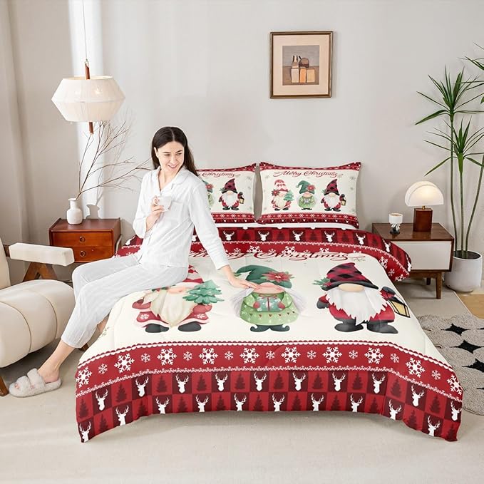 Merry Christmas Kids Comforter Set Twin Size,Deer Antler Santa Claus Bedding,Girls Boys Adults Bedroom/Xmas Cabin Decor,Snowflake Pine Trees Plaid Down Comforter,Rustic Duvet Insert,1 Pillowcase