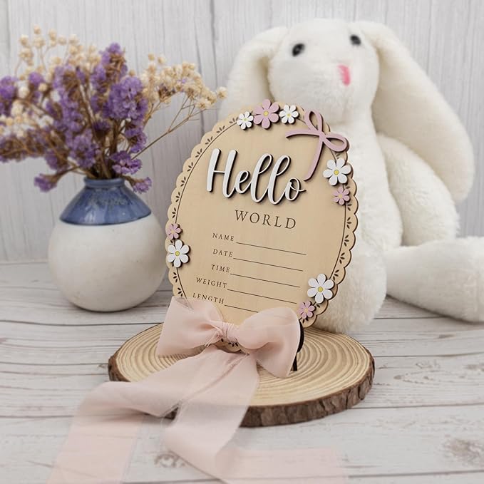 Baby Announcement Sign with Stand & Marker – Hello World Wooden Name Plaque for Newborn Photoshoot, Baby Shower, Rustic Keepsake Birth Stat Sign for Hospital Birth Announcement (Light pink ribbon)