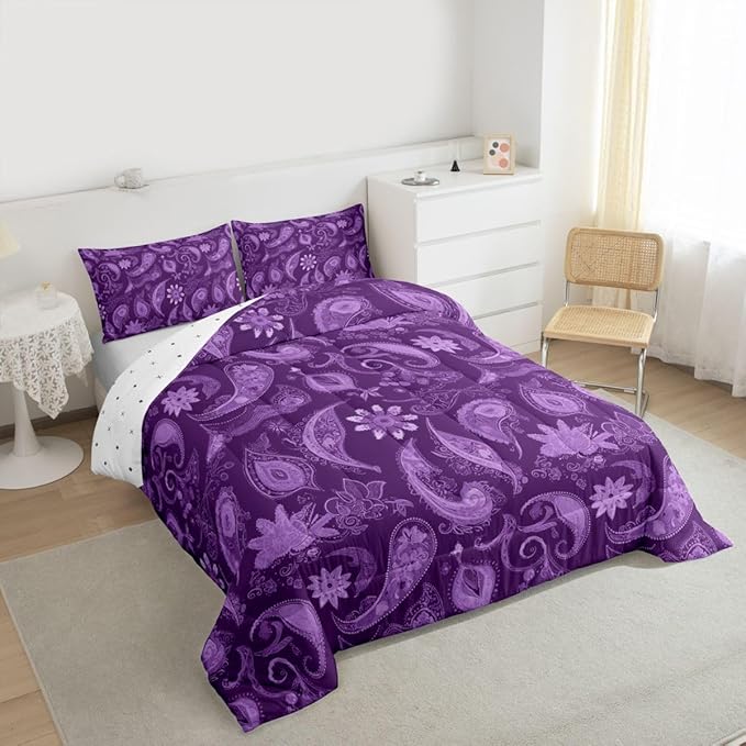 Feelyou Vintage Purple Floral Bedding Set King Size, Paisley Floral Comforter Set Boho Floral Comforter for Kids Toddler Paisley Duvet Set Microfiber Bed Set