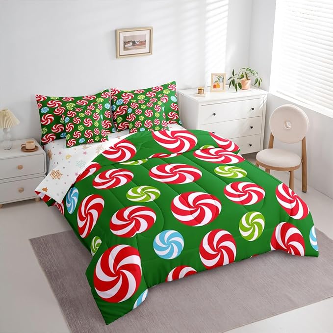 Feelyou Christmas Candy Comforter Set Queen Size 7 Pieces Cute Swirl Candy Bedding Set for Kids Boys Girls Red and Green Blue Sweet Bed in a Bag Reversible Xmas Decor Bedroom Quilted Breathable Soft
