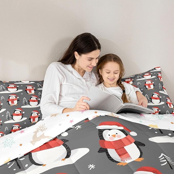 Feelyou Christmas Comforter Set All Season Penguin Bedding Set with 1 Pillow Cases Snowflake Microfiber Kids Twin Bedclothes Pine Tree Bedroom Decor Duvet Quilt Breathable Soft Lightweight