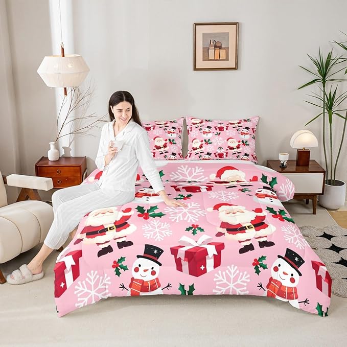 jejeloiu Merry Christmas Comforter Set Twin Size Xmas Santa Claus Bedding Set for Kids Boys Girls Cute Snowman Duvet Quilt Pink Bedroom Decor
