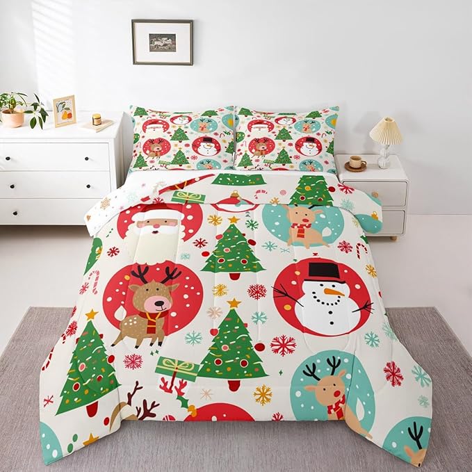 Feelyou Christmas Bedding Set Soft for Boys Girls, Santa Snowman Comforter Set King Size Deer Xmas Tree Duvet Quilt Microfiber Snowflake Bedroom Decor 3 Pcs with 2 Pillow Cases