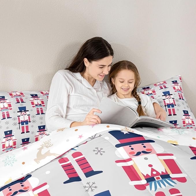 Feelyou Cute Nutcracker Comforter Set Toddler Size Christmas Ornaments Bedding Set for Kids Boys Girls Xmas Snowflake Duvet Quilt Soldier Bedroom Decor Kawaii Microfiber 2 Pcs with 1 Pillow Cases