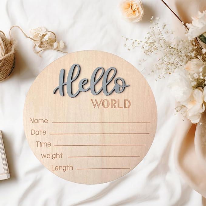 Baby Announcement Sign, 5.9 Inch Wooden Hello World Newborn Signs, Birth Announcement Sign, Baby Shower Hospital Nursery for Newborn Boys and Girls (Gray,Pen)