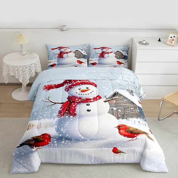 Feelyou Merry Christmas Comforter Set All Season Cute Snowman Bedding Set with 1 Pillow Cases Snowflake Microfiber Kids Toddler Bedclothes Winter Bedroom Decor Duvet Quilt Breathable Soft