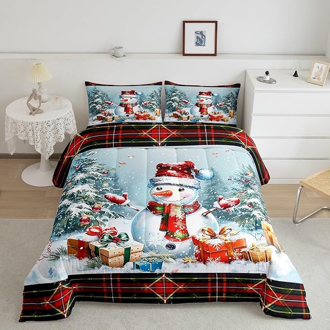 Castle Fairy Xmas Cute Snowman Comforter Set Twin Size,Merry Christmas Pine Trees Decor Bedding Set for Kids Boys Men,Vintage Red Green Checkered Plaid Quilted Duvet Set with 1 Pillowcase