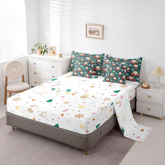 Erosebridal 7Pcs Cartoon Santa Claus Comforter Set Full Size,Xmas Gingerbread Bedding Set,Christmas Snowboard Snowflake Bed in A Bag,Cute Christmas Ornaments Quilt with Flat Fitted Sheet