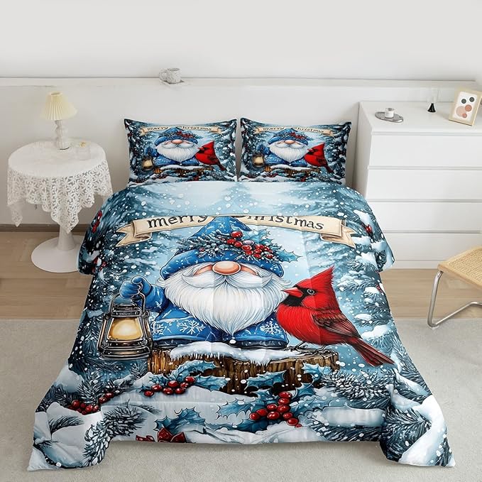 Kawaii Santa Claus Kids Bedding Set King Size,Poinsettia Cardinal Christmas Birds Comforter Set,Holly Berries Winter Snowflake Quilt Comforter,Blue Red Bedroom Duvet Insert,2 Pillowcases