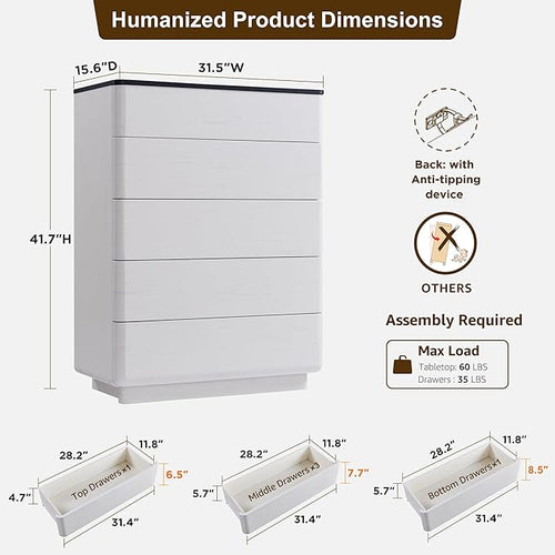 ACCOHOHO Modern 5 Drawer Dresser for Bedroom, 42" Tall Wooden Dressers with Large Storage,Handleless Chest of Drawers for Living Room & Hallway, Curved Profile Design, White