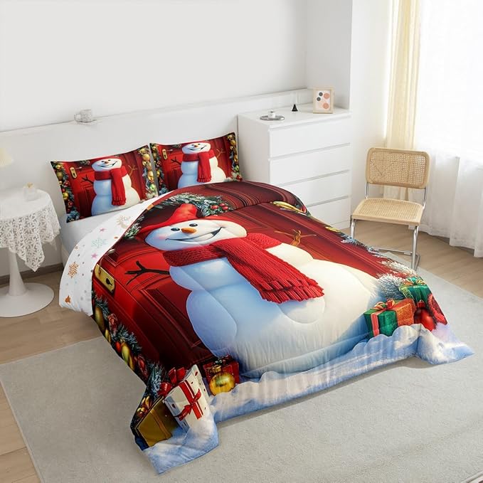 Feelyou Merry Christmas Kids Comforter Set Full Size Cute Snowman Bedding Set Duvet Quilt for Kids Boys Girls Bedroom Snowflake Decor Microfiber Ultra Soft Breathable