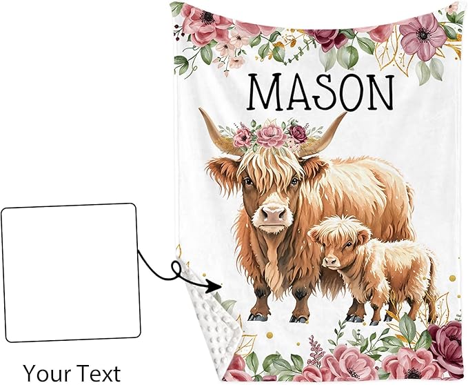 Personalized Crib Bedding Set, Toddler Highland Cow Theme Set with Name, 2 Pcs Baby Crib Set for Infant Baby, Comfort Double Layer Blanket and Crib Sheet, Newborns Gifts for Boys