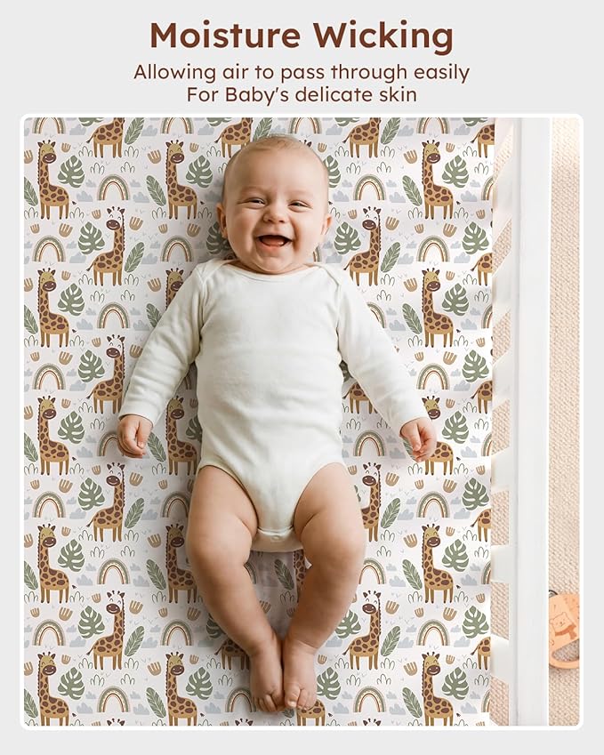 Pack and Play Sheets Fitted, 3 Pack Soft Stretchy Baby Mini Crib Sheets for Pack N Play Mattress and Portable Playard Sheets for Boys and Girls Brown Giraffe Elephant