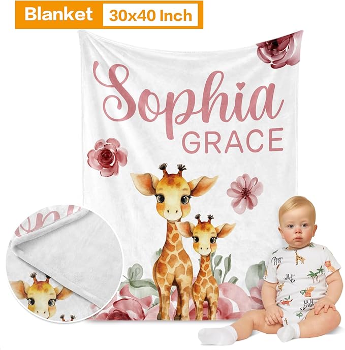 Custom Crib Bedding Set - Giraffe Design Personalized Name Baby Nursery Bedding 3 Pcs Set - Chic Soft Blanket, Sheet, Pillowcase for Newborns Boys Girls Gifts Color08