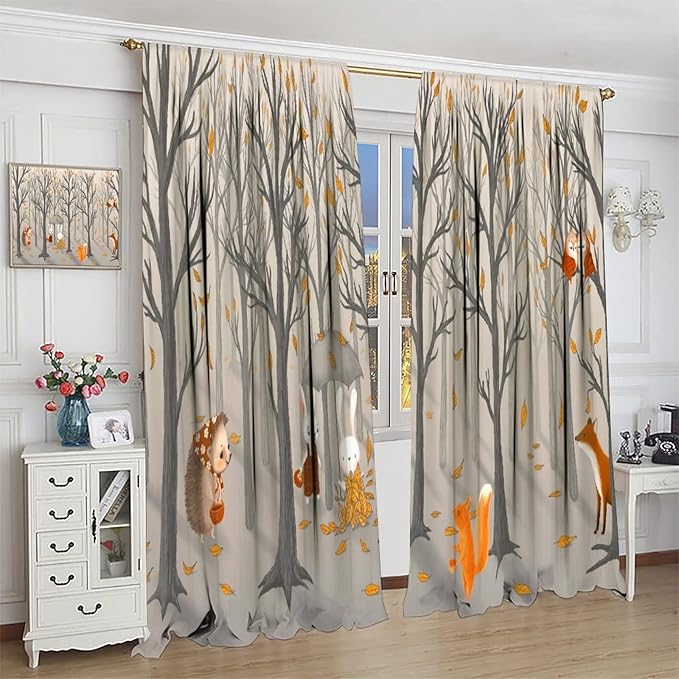 Kids Woodland Animal Window Curtains, Autumn Forest Hedgehog Rabbits Squirrel Fox Birds Blackout Rod Pocket Window Treatments Drapes for Boys Girls Bedroom 63x72in