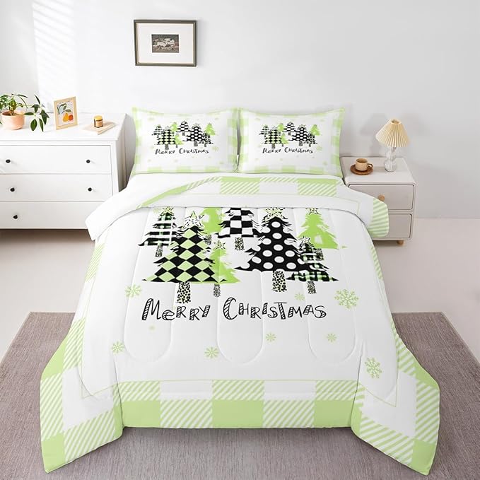 Manfei Xmas Trees Comforter Set Full Size, Green Plaid Grid Snowflake Bedding Set 3pcs for Kids Girls Adults Bedroom Decor, Christmas Theme Down Comforter New Year Quilt Set with 2 Pillowcases