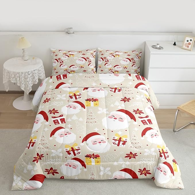 jejeloiu Santa Claus Comforter Set Full Size Merry Christmas Bedding Set for Kids Boys Girls Xmas Themed Duvet Quilt Beige Bedroom Decor