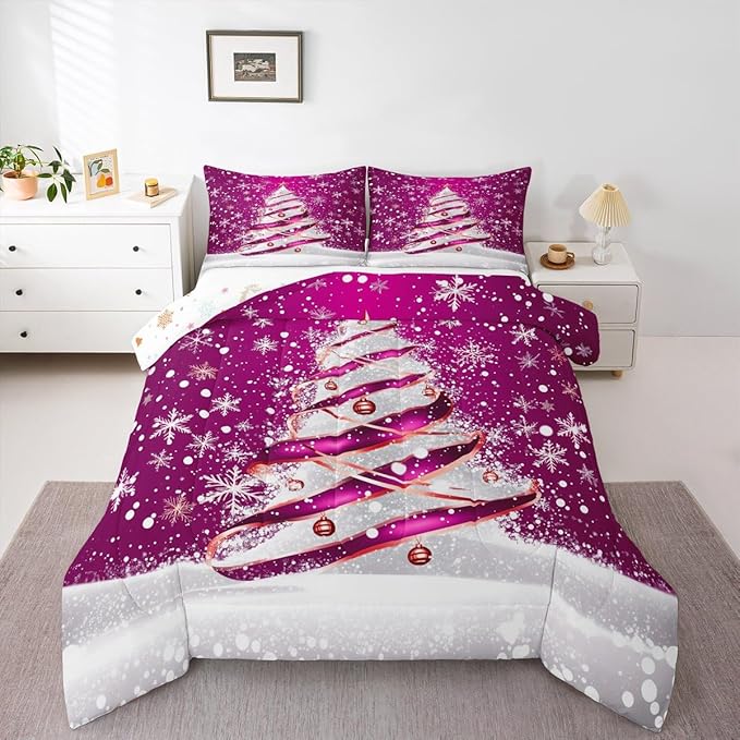 Feelyou Merry Christmas Bedding Set Soft for Boys Girls, Christmas Tree Comforter Set King Size Snowflake Duvet Quilt Microfiber Winter Bedroom Decor 3 Pcs with 2 Pillow Cases