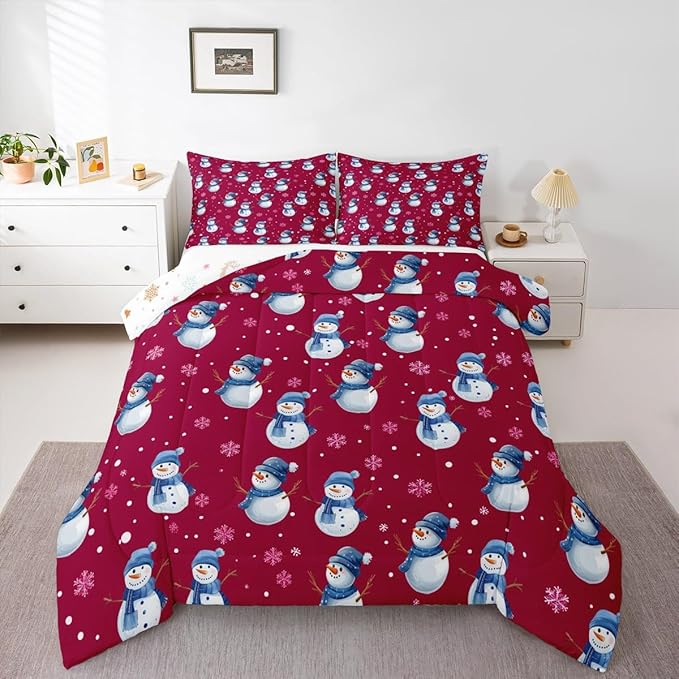 jejeloiu Kids Cute Winter Snowman Comforter Set Queen Size Red Christmas Theme Bedding Set for Boys Girls Teens Xmas Snowflake Happy New Year Duvet Quilt Room Decor
