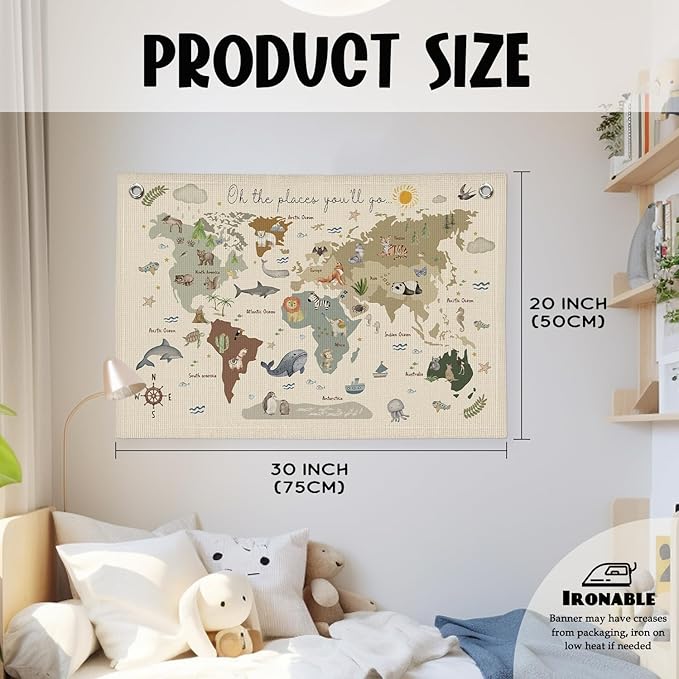 Wheatwin Playroom Decor, World Map Banner for Kids, World Maps for Wall, World Map Cute Animal Tapestry Wall Hanging Banner Flag Decor for Kids Room Classroom Nursery Homeschool 20x30 (Updated)