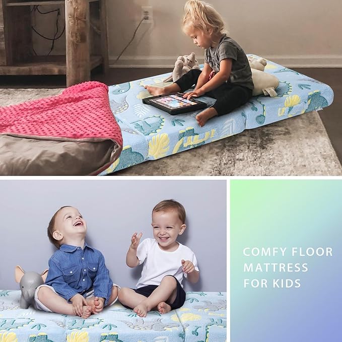 MeMoreCool Foldable Floor Mattress for Kids, Toddler Floor Nap Mat for Sleeping Daycare, Small Child Foldable Mattress Floor Bed, Trifold Futon Portable Tri Folding Mattress, Glow 63x26 Inch