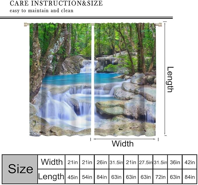 Forest Waterfall Blackout Curtains, Spring Nature Theme Natural Scenery Mountain Scenery Rod Pocket Window Drapes, for Bedroom Living Room 55" W X 63" L