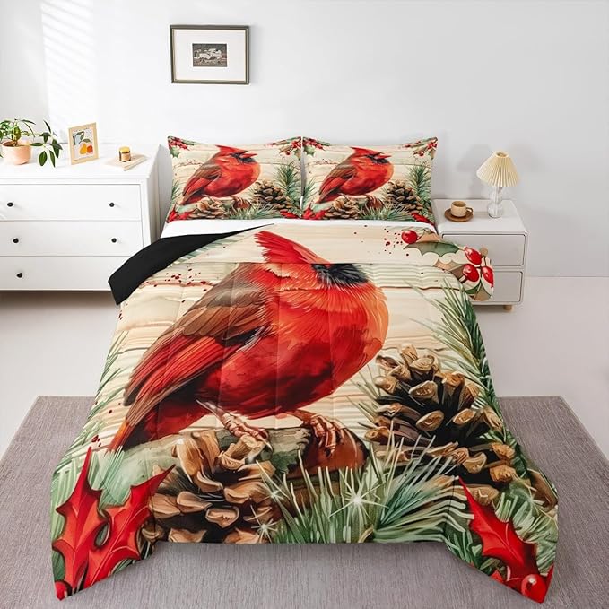 jejeloiu Kids Red Cardinal Comforter Set Queen Size Christmas Theme Bedding Set for Boys Girls Teens Xmas Birds Winter Rustic Wood Plank Animal Duvet Quilt Room Decor